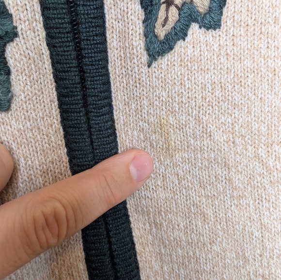 ALIA Zip up Cream Green Leaf Embroidered Sweater Women Medium Grandma Knit - Picture 9 of 11